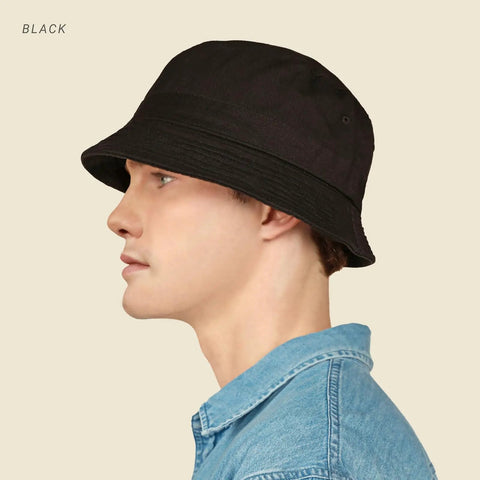 Side view of black All Day Cotton Bucket Hat with Adjustable Comfort Strap for Beach, Golf, Fishing and Outdoor Fun on a person