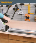 Badass 110 Inch Track Saw Guide Rail Extension Kit With Two 55 Inch Aluminum Extrusion Rails Dual Quick Release Mounting Clamps And Seamless Track Connectors Tailored For Makita Or Festool, showcasing a saw in action.