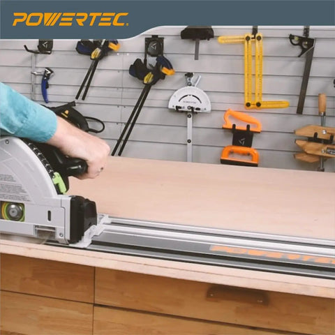 Badass 110 Inch Track Saw Guide Rail Extension Kit With Two 55 Inch Aluminum Extrusion Rails Dual Quick Release Mounting Clamps And Seamless Track Connectors Tailored For Makita Or Festool, showcasing a saw in action.