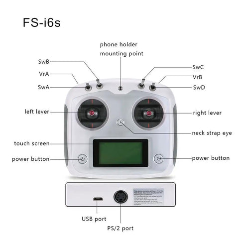 Front view of 10 Channel 2.4G AFHDS 2A RC Transmitter With FS iA6B Receiver showing controls and connectors for quadcopter drone.