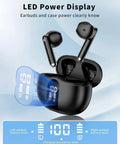 Wireless Earbuds With LED Power Display And Bluetooth 5 Point 4 Headphones Deep Bass Stereo Ear Buds Noise Cancelling Microphone 60 Hour Playtime IP7 Waterproof In Ear Buds For Laptop PC Phone Black showing LED display on charging case and buds.