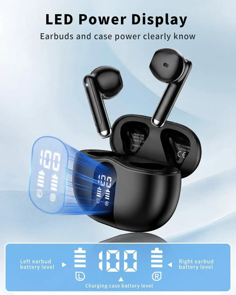 Wireless Earbuds With LED Power Display And Bluetooth 5 Point 4 Headphones Deep Bass Stereo Ear Buds Noise Cancelling Microphone 60 Hour Playtime IP7 Waterproof In Ear Buds For Laptop PC Phone Black showing LED display on charging case and buds.
