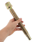 Heavy Duty Zinc Plated Lead Screw Replacement Rod For Auto Body Repair, Beefy Vise Clamp Screw For Mechanic Shops, Durable Bench Part That Keeps Auto Body Fixes Solid, High Strength Automotive Clamp Screw, zinc-plated threaded rod held by hand
