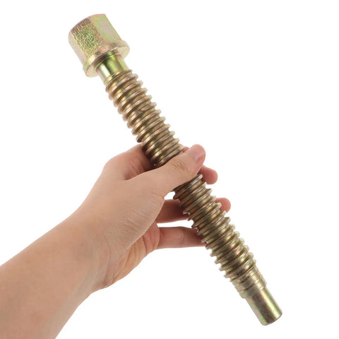 Heavy Duty Zinc Plated Lead Screw Replacement Rod For Auto Body Repair, Beefy Vise Clamp Screw For Mechanic Shops, Durable Bench Part That Keeps Auto Body Fixes Solid, High Strength Automotive Clamp Screw, zinc-plated threaded rod held by hand