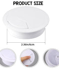 Two Pack White Desk Cable Grommets Sixty Millimeter Abs Plastic Cord Hole Inserts showing size and design features.