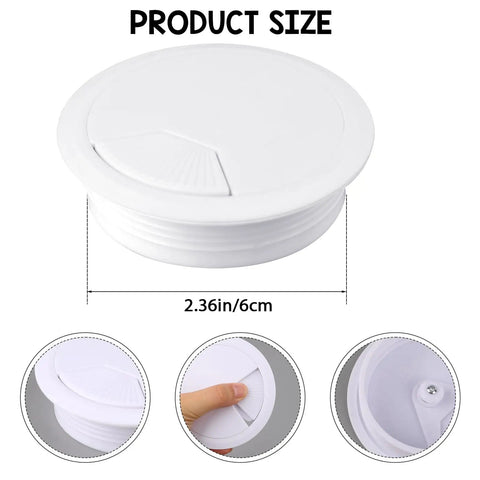 Two Pack White Desk Cable Grommets Sixty Millimeter Abs Plastic Cord Hole Inserts showing size and design features.