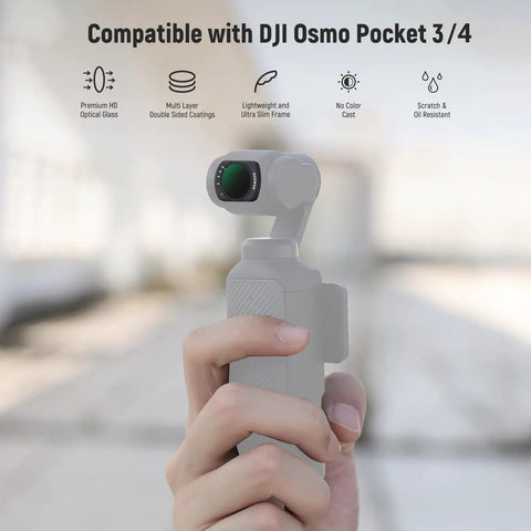 Person holding Variable ND Filters 2 To 32 And 64 To 512 Set For DJI Osmo Pocket 3 And Pocket 4 And Xtra Muse Action Cams With Limited Stops