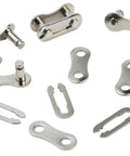 Four Pack Missing Link For Single Speed Bike Chains, Reusable Steel Chain Link, 21 X 8 X 10 Mm, Silver Finish, Multiple Links Displayed