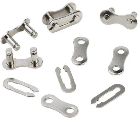 Four Pack Missing Link For Single Speed Bike Chains, Reusable Steel Chain Link, 21 X 8 X 10 Mm, Silver Finish, Multiple Links Displayed