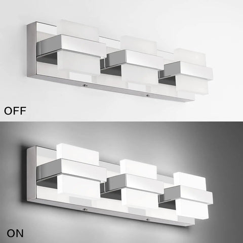 3 Light Chrome LED Bathroom Vanity Light Over Mirror 20 Inch White Dimmable Fixture on and off view, sleek modern design.