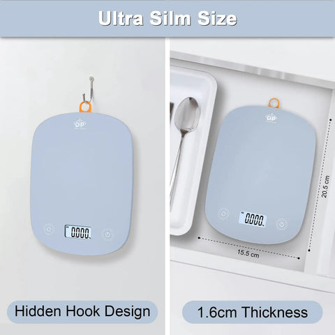 Ultra Slim Digital Kitchen Scale With 1G Precision And 11Lb Capacity hanging by hook, blue color, 1.6cm thick, in drawer view