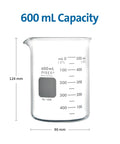 Griffin Borosilicate Glass Beaker Low Form With Pouring Spout 600 mL Two Pack showing size and capacity markings