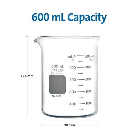 Griffin Borosilicate Glass Beaker Low Form With Pouring Spout 600 mL Two Pack showing size and capacity markings