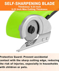 Powerful Cordless Electric Scissors For Heavy Duty Cardboard Cutting With Rechargeable Battery Effortlessly Slice Fabric Leather Paper Plastic And Carpet Great For Sewing Projects And Crafting With Smooth Rotary Blade Action, showing self-sharpening blade with protective guard.