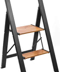 Ultra Lightweight Aluminum 2 Step Folding Step Stool With Handle Compact 8 Pound Ladder In Black And Brown Classic Wood Look No Wood Rot