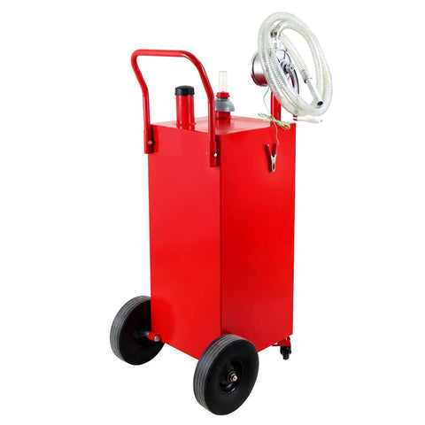 Red 30 Gallon Gas Caddy With Pump On Four Wheels, Ready To Roll Portable Fuel Tank For Boat, ATV, Car, Motorcycle, UTV
