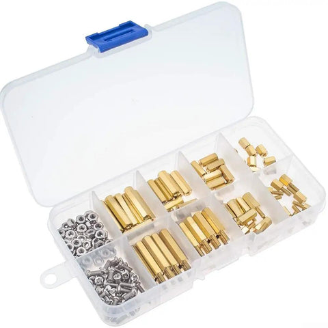 All In One M2.5 Brass Standoff Kit With 180 Pieces Including Hex Spacers Screws And Nuts, Male And Female Threaded Standoffs With Storage Box For Electronics Motherboard PCB Repair Projects; open clear box