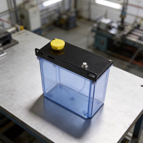 Heavy Duty 3L Cnc Lubrication Tank With Integrated Filter on metal surface, showcasing durable plastic and metal design for machining.