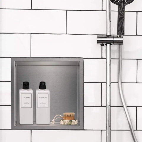 Recessed Shower Niche Organizer In Brushed Nickel Stainless Steel, 12 By 12 In, Rustproof 304 Steel, Seamless Weld, installed in shower