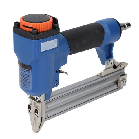 Top Shelf Air Powered 18 Gauge Pneumatic Brad Nailer With Grippy Soft Grip and Knockout Performance for Upholstery Carpentry and Woodworking Projects Supporting Up To 30 Mm Fasteners, showing front angle.