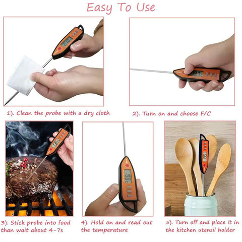 Instant Read Meat And Milk Thermometer With Probe Holds Temperature Celsius Fahrenheit Toggle Auto Off After 10 Minutes And Clear LCD For Cooking BBQ Grilling Deep Fry Roasting And Baking shown with usage steps and features.