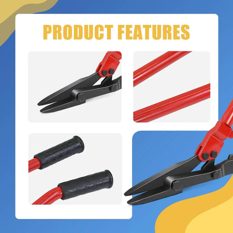 Heavy Duty Strapping Cutter With 24 Inch High Carbon Steel Blade For Steel And Polyester PET Strapping Up To 2 Inch Width And 0.05 Inch Thickness Pro Grade Ergonomic Handle For Comfort And Precision Cutting, red handle close-up