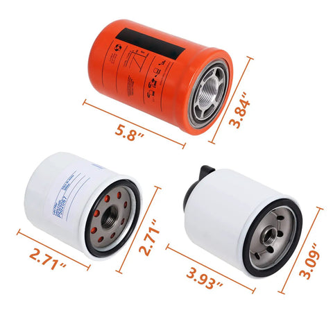 All In One Five-Piece Filter Service Kit For Mini Track Loaders MT52 MT55 MT85 MT100, showing filter sizes and dimensions