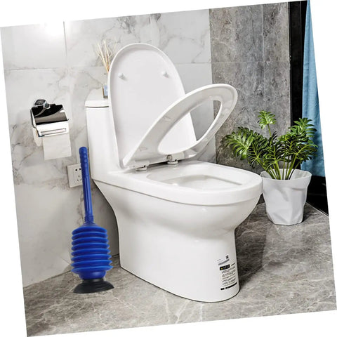Heavy Duty Toilet Plunger Slays Stubborn Bathroom Clogs Quickly Without Breaking A Sweat Using Legit High Pressure Suction And Ergonomic Grip Handle next to a toilet in a modern bathroom.