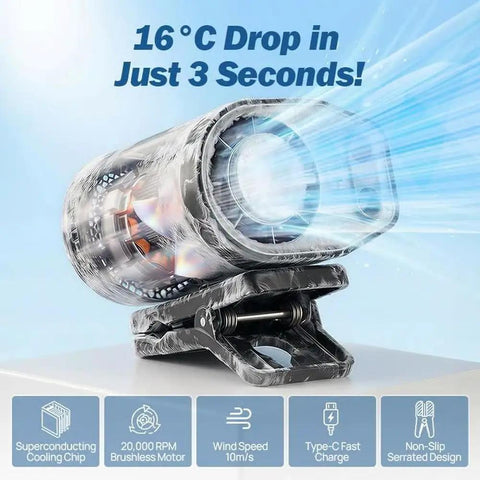 Close-up of a dark gray Clip On Car Fan With LED Display and 360 Degree Rotation, showcasing the powerful airflow.