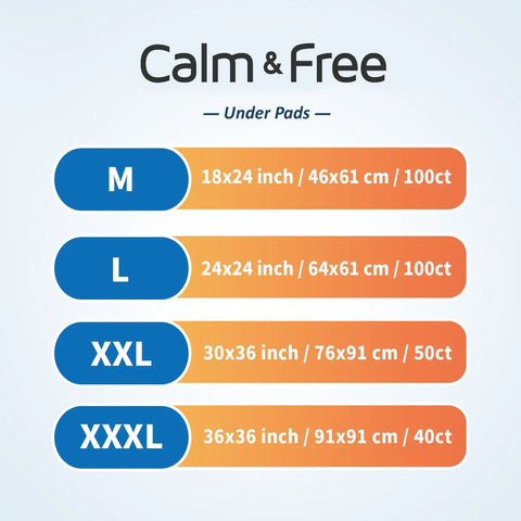 Calm & Free product size chart for Heavy Duty Disposable Incontinence Bed Pads Extra Large 18 By 24 Inches 100 Count.