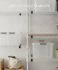 Tough as Nails Black PP Shelf Clips for Wire Shelving stabilizing white shelves with storage boxes and plants