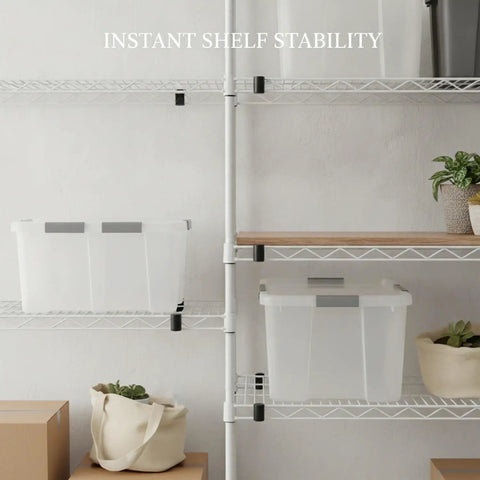 Tough as Nails Black PP Shelf Clips for Wire Shelving stabilizing white shelves with storage boxes and plants