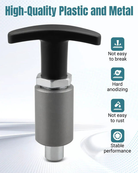 Hard Core Heavy Duty Quick Release Spring Loaded Pull Pin With Super Grip T Handle Knob For No Sweat Shop Swaps On Industrial Racks Welding Shelves And Gym Gear Three Point One Five Inch Diameter Two Pack, plastic and metal combination.