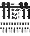 16Ft Single Track Bypass Sliding Barn Door Hardware Kit For Double Doors With Low Ceiling Clearance Easy Mount DIY Friendly Heavy Duty Carbon Steel Rails And Quiet Smooth Sliding shown with components and screws.