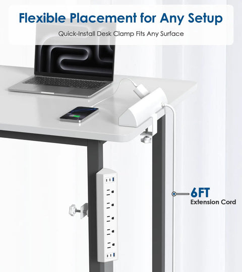 Heavy Duty Desk Clamp Power Strip With Fast Usb C Hub And Rock Solid Bracket For Clean Workspace Cable Management Peak Performance Boss Pack Of Fifteen mounted on desk with laptop and phone charging.