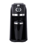 Ultra Handy Three Cup Grind And Brew Coffee Maker With Sturdy Anti Slip Base and Secure Travel Mug. Black finish with travel mug.