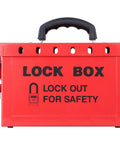 Front view of Portable Lockout Tagout Box For Group Lockout, 12 Padlocks Capacity, Heavy Duty 18 Gauge Steel Construction, Red Lockout Container