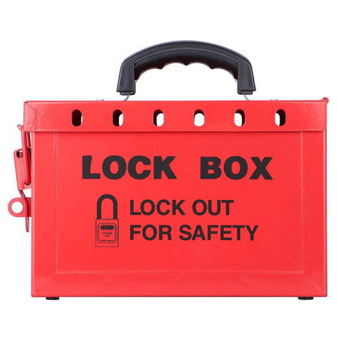 Front view of Portable Lockout Tagout Box For Group Lockout, 12 Padlocks Capacity, Heavy Duty 18 Gauge Steel Construction, Red Lockout Container
