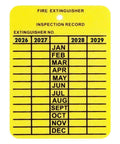 Hella Rock Solid Fire Extinguisher Inspection Tags Monthly Tracking Durable Plastic Weatherproof Compliance Labels showing monthly inspection record.