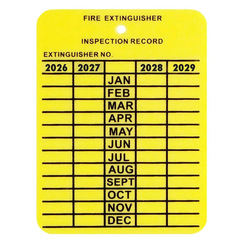 Hella Rock Solid Fire Extinguisher Inspection Tags Monthly Tracking Durable Plastic Weatherproof Compliance Labels, yellow inspection record card.