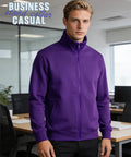 Mens Purple Full Zip Sweatshirt With Stand Collar No Hood Plush Fleece Lining Zip Up Cardigan Style Jacket With Pockets For Casual Daily Wear Active Golf Work Or Business XL in an office setting