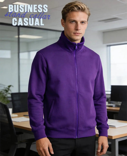 Mens Purple Full Zip Sweatshirt With Stand Collar No Hood Plush Fleece Lining Zip Up Cardigan Style Jacket With Pockets For Casual Daily Wear Active Golf Work Or Business XL in an office setting