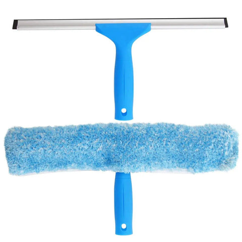 14 Inch Window Cleaning Combo Squeegee And Microfiber Washer With Aluminum Clip Rubber Blade, Thick Microfiber Pad For Superior Water Absorption, Lightweight Plastic Handle, Connects To Telescopic Pole, Blue