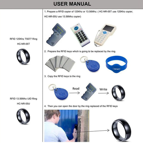 User manual showing RFID UID Ring 125KHz And 13.56MHz Black Ceramic Smart Finger Ring for access control use with card readers.