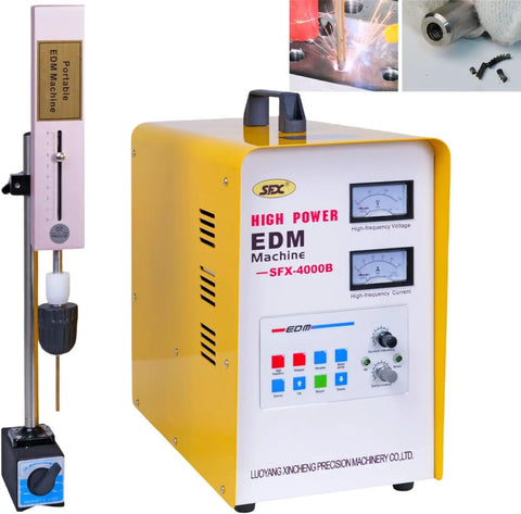 Portable EDM Broken Tap Remover 3000W 110V SFX4000B unit with control panel, electrode holder, and tap removal demonstration