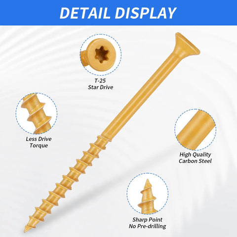 Heavy-Duty Outdoor Wood Deck Screw Kit With Bronze Epoxy Coated Rust Resistance showing T25 star drive, carbon steel