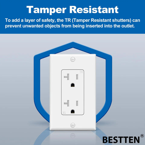 Tamper resistant 20A 125V TR electrical outlet with blue shield background, UL listed, for residential and commercial use, white.
