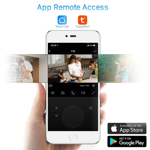 Smartphone displaying app for Screw-In Wireless PTZ Security Camera 1080P HD With E27 Light Socket, images of family and home.