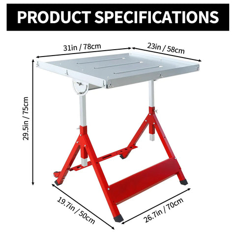 Heavy Duty Welding Table With 400 Lb Capacity, Folding Workbench 31x23 In, showing specifications and dimensions.