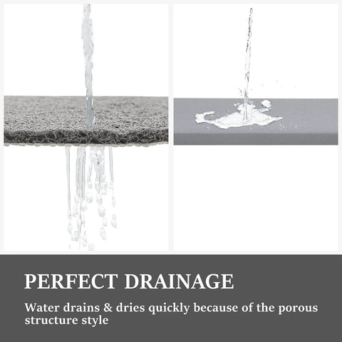 Super Chill Non Slip Shower Mat With Quick Dry Drain Holes And Sticky Traction Phthalate Free PVC Bathroom Must Have Quick Drying Loofah Texture Grey 24X16 Inches Plus Drain showing water draining through porous surface.